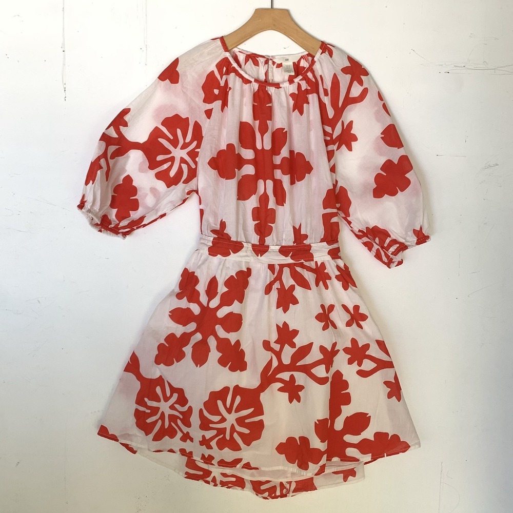 H&M Floral Print Dress Red White Puff Sleeve Mini Dress Summer Size S - Picture 3 of 11